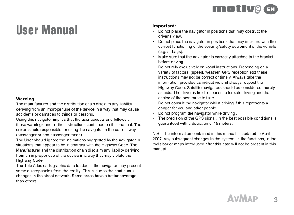 User manual | AvMap Motivo User Manual | Page 3 / 20