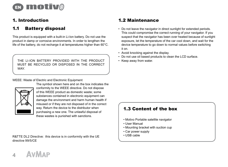 3 content of the box, 2 maintenance, Introduction 1.1 battery disposal | AvMap Motivo User Manual | Page 4 / 20