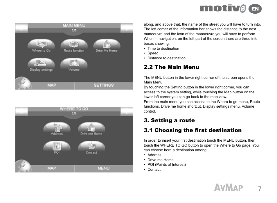 2 the main menu, Setting a route 3.1 choosing the first destination | AvMap Motivo User Manual | Page 7 / 20