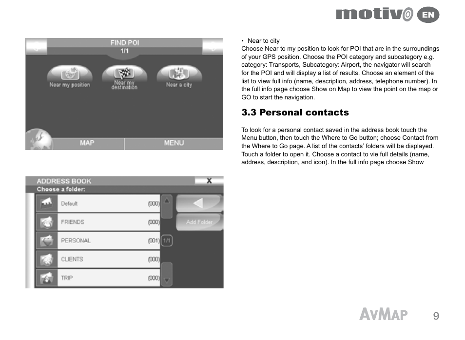 3 personal contacts | AvMap Motivo User Manual | Page 9 / 20