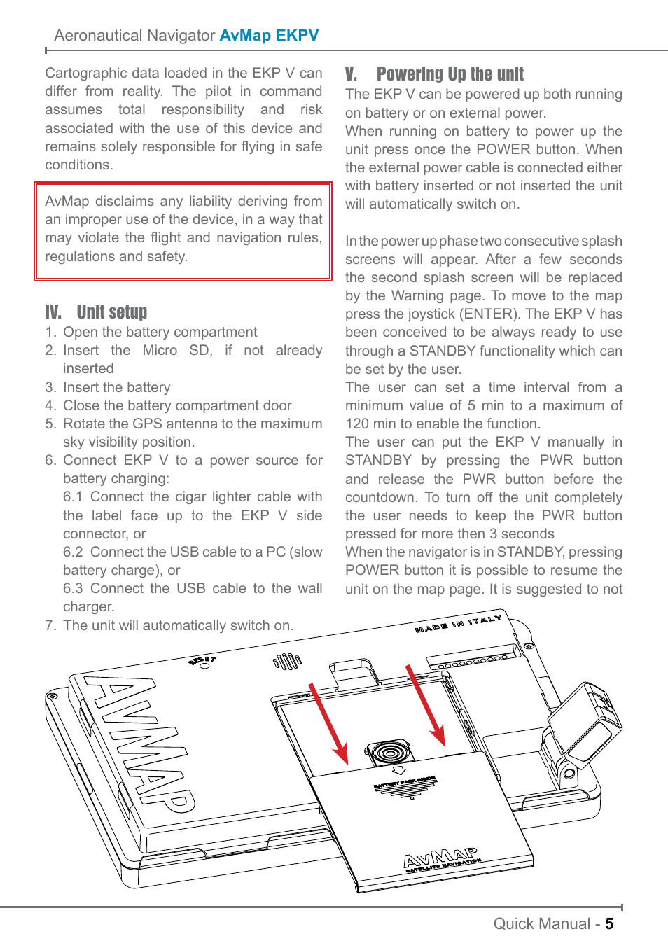 Iv. unit setup, V. powering up the unit | AvMap EKP V User Manual User Manual | Page 5 / 30