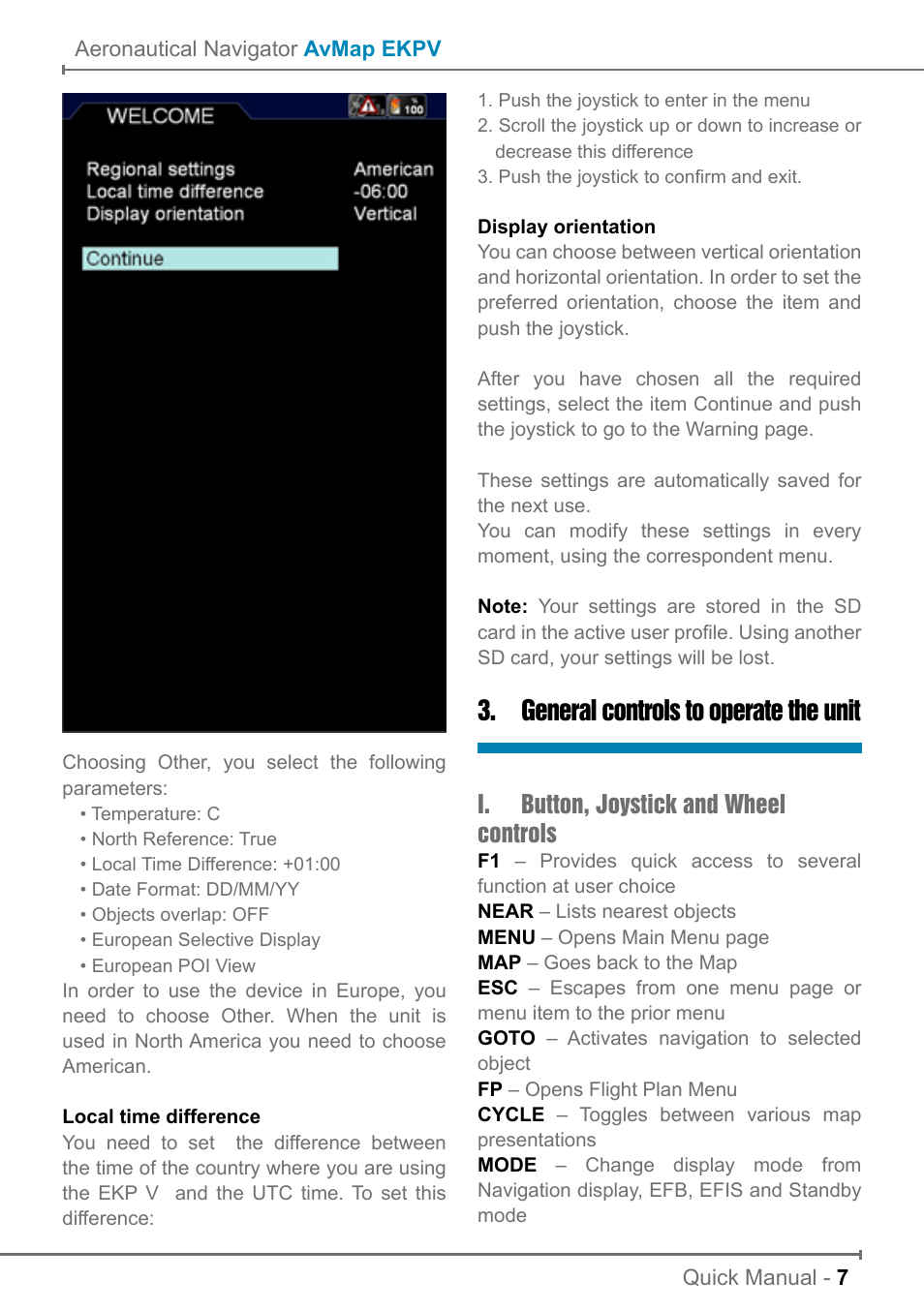 General controls to operate the unit, I. button, joystick and wheel controls | AvMap EKP V User Manual User Manual | Page 7 / 30