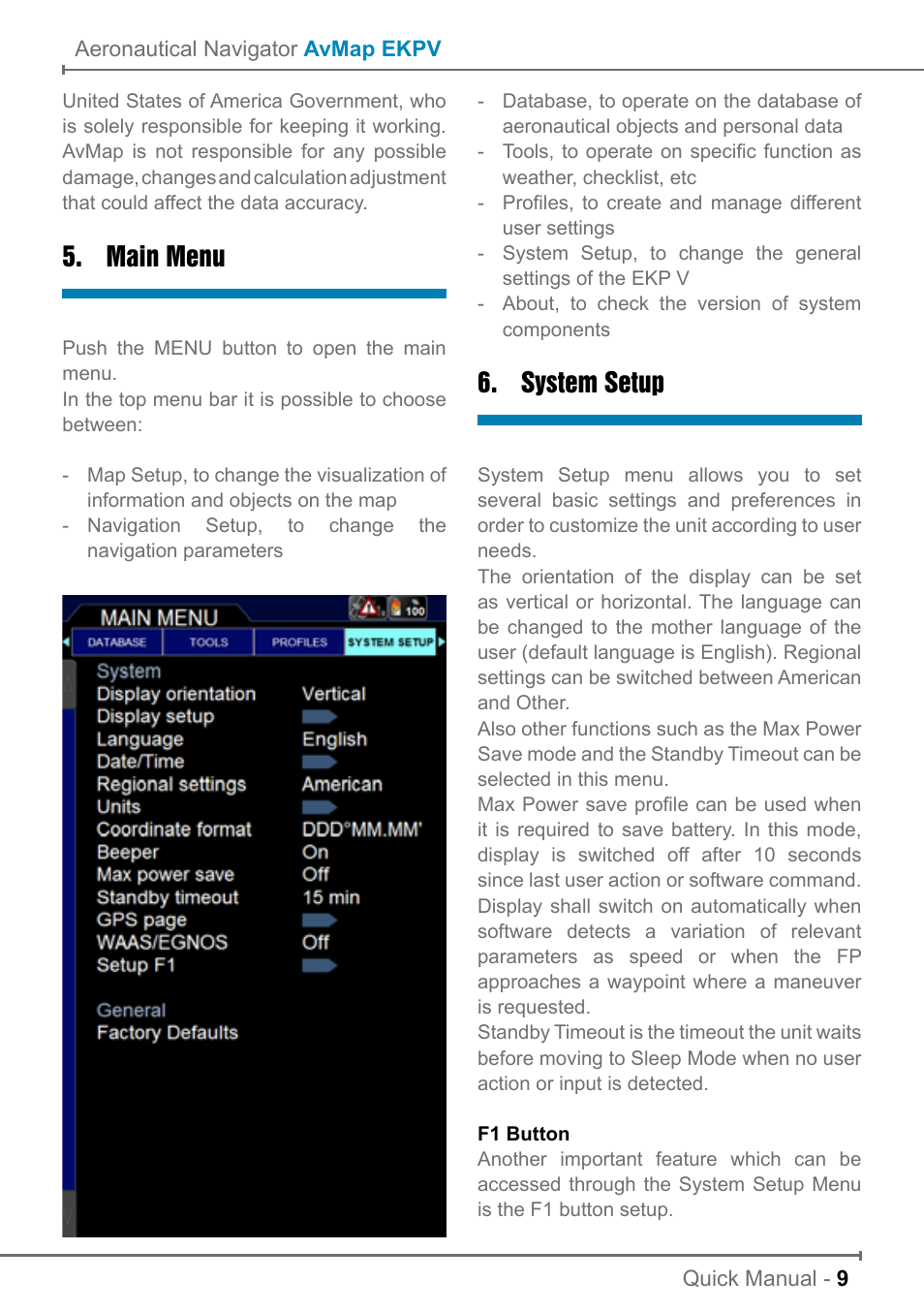 Main menu, System setup | AvMap EKP V User Manual User Manual | Page 9 / 30
