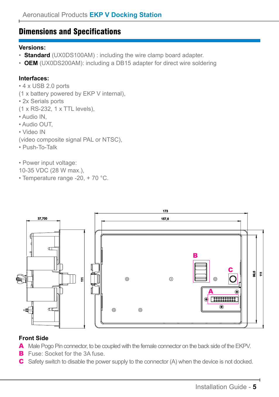 Dimensions and specifications | AvMap EKP V Installation Guide User Manual | Page 5 / 12
