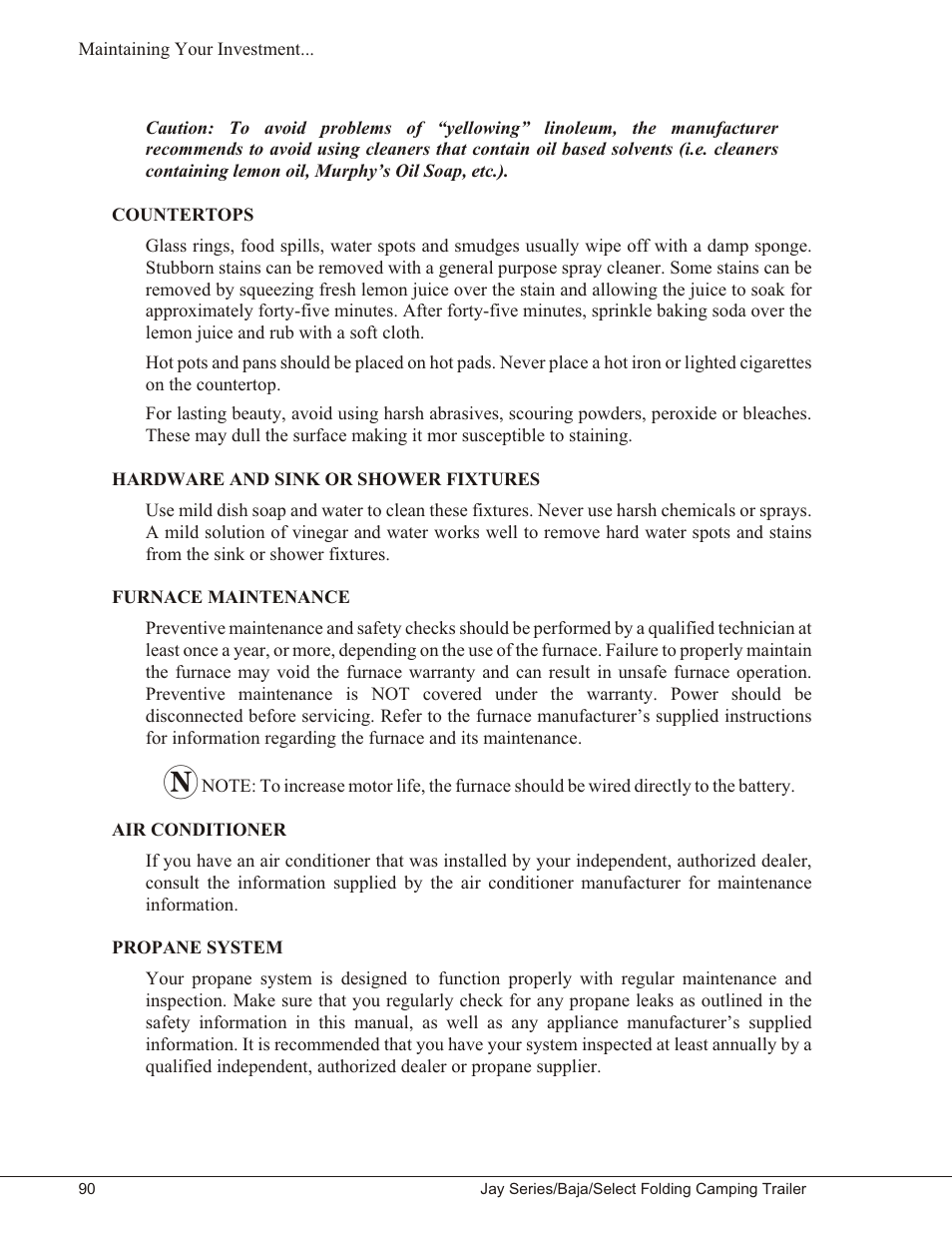 Countertops 90, Hardware and sink or shower fixtures 90, Furnace maintenance 90 | Air conditioner 90, Propane system 90 | Baja Marine JAY SERIES YEAR 2006 User Manual | Page 100 / 114