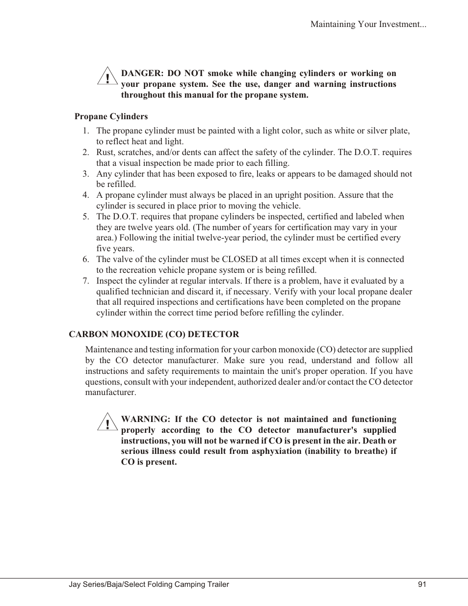 Propane cylinders 91, Carbon monoxide (co) detector 91, Propane cylinders | Carbon monoxide (co) detector | Baja Marine JAY SERIES YEAR 2006 User Manual | Page 101 / 114