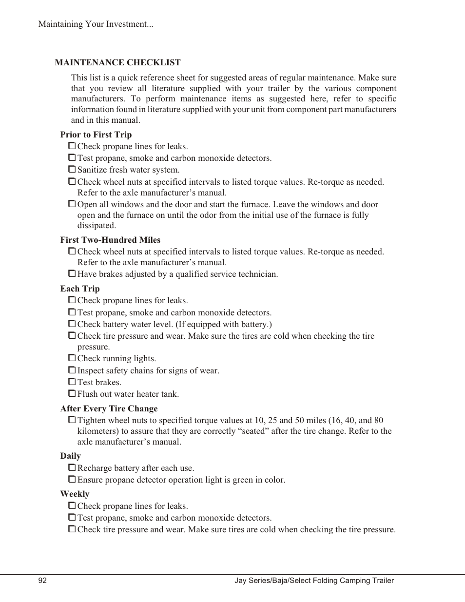 Maintenance checklist 92, Maintenance checklist | Baja Marine JAY SERIES YEAR 2006 User Manual | Page 102 / 114