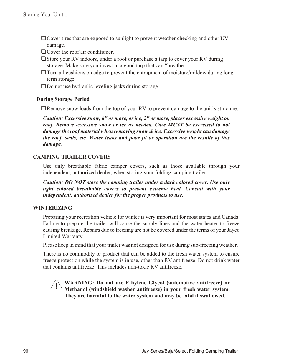 During storage period 96, Camping trailer covers 96, Winterizing 96 | During storage period, Camping trailer covers winterizing | Baja Marine JAY SERIES YEAR 2006 User Manual | Page 106 / 114