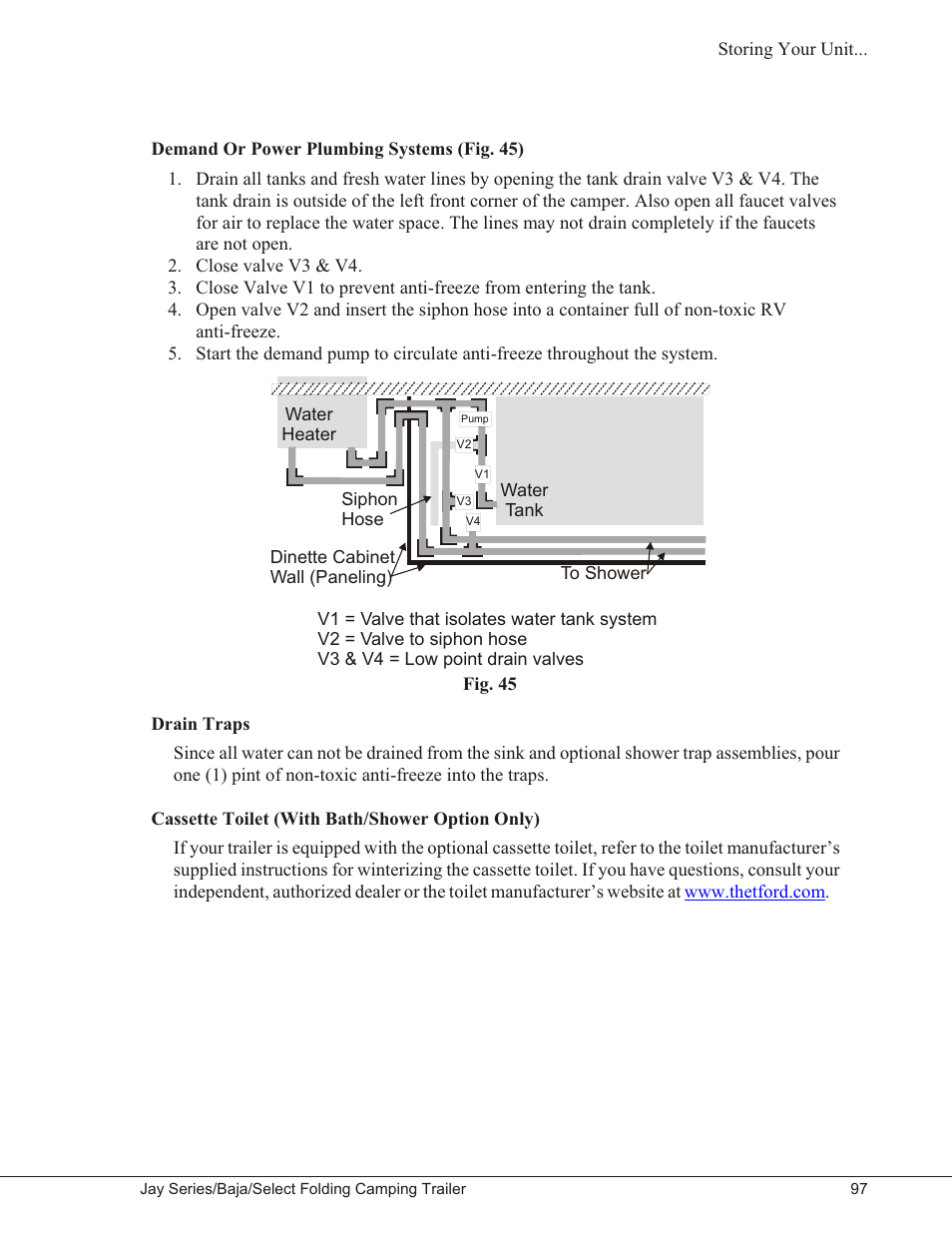 Demand or power plumbing systems (fig. 45) 97, Drain traps 97, Cassette toilet (with bath/shower option only) 97 | Baja Marine JAY SERIES YEAR 2006 User Manual | Page 107 / 114