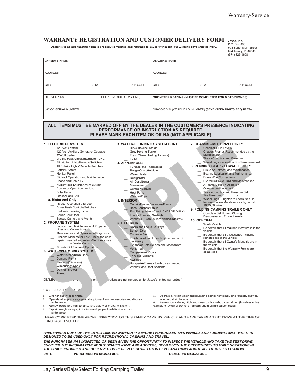 Warranty registration and customer delivery form 9, Warranty registration and customer delivery form, Sa mp le | Warranty/service | Baja Marine JAY SERIES YEAR 2006 User Manual | Page 19 / 114