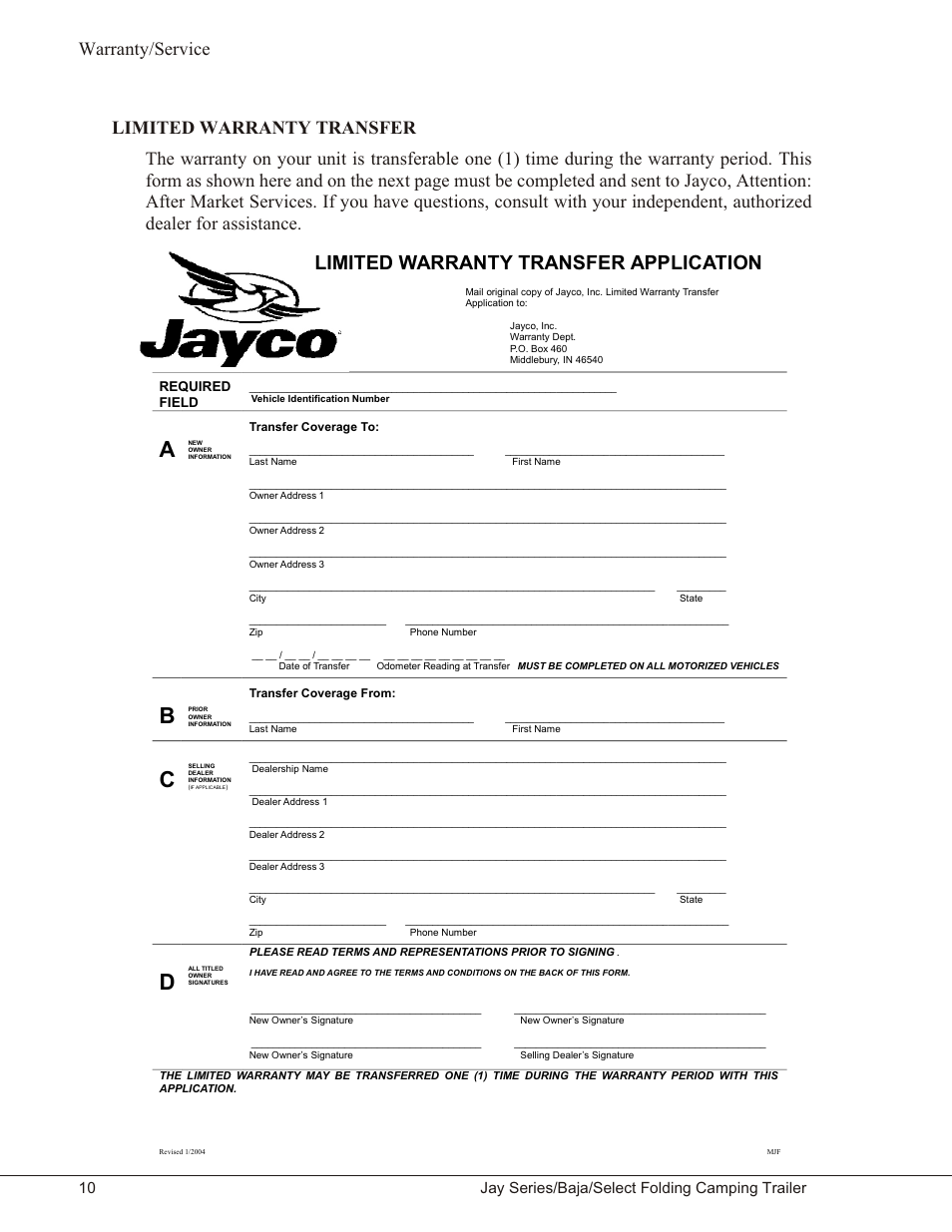 Limited warranty transfer 10, Limited warranty transfer, Limited warranty transfer application | Warranty/service, 10 jay series/baja/select folding camping trailer | Baja Marine JAY SERIES YEAR 2006 User Manual | Page 20 / 114