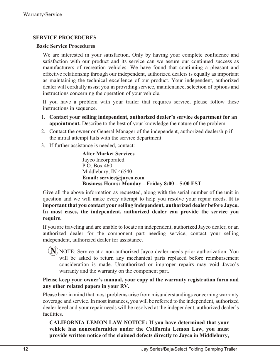 Service procedures 12, Basic service procedures 12, Service procedures | Basic service procedures | Baja Marine JAY SERIES YEAR 2006 User Manual | Page 22 / 114