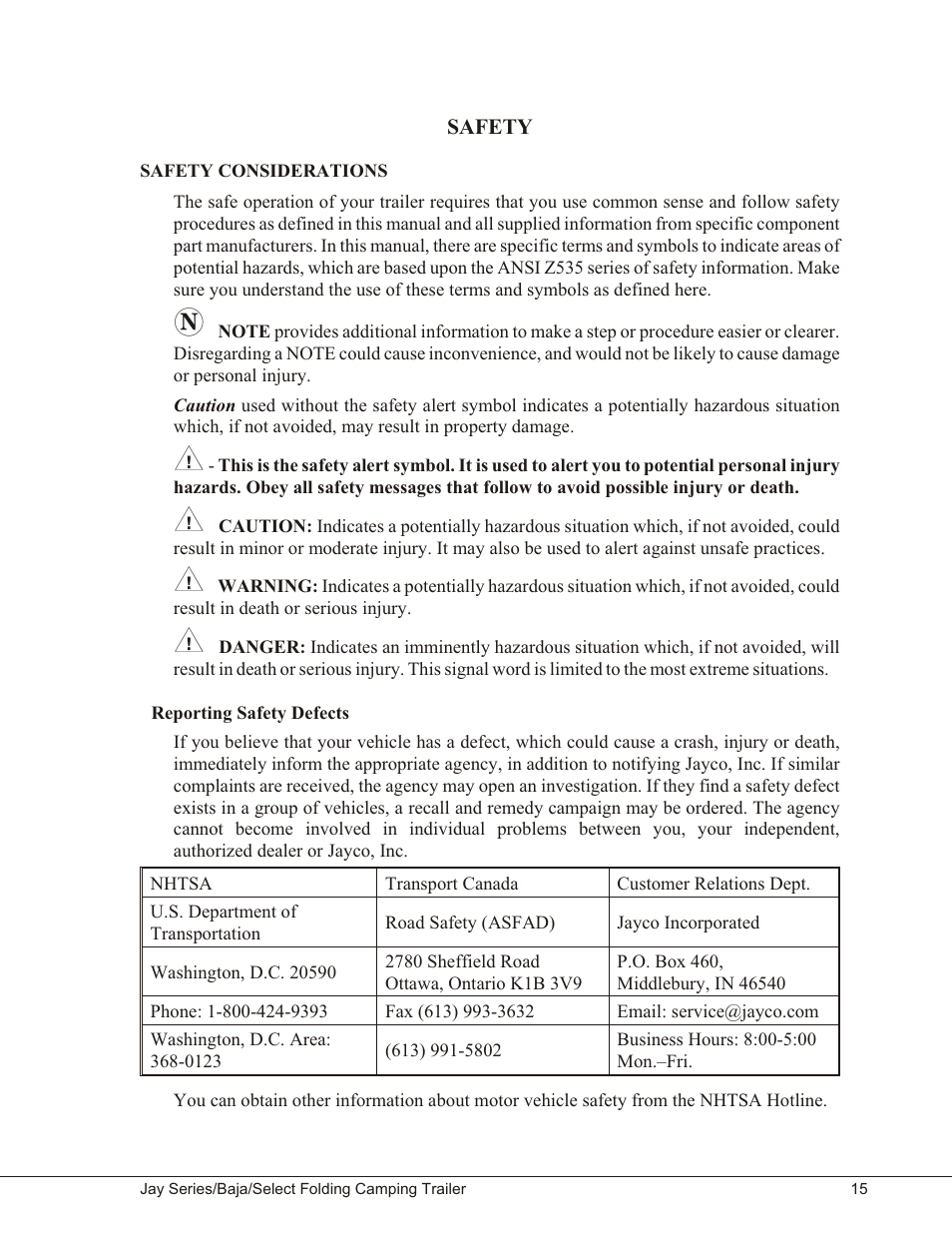 Safety 15, Safety considerations 15, Reporting safety defects 15 | Safety, Safety considerations, Reporting safety defects | Baja Marine JAY SERIES YEAR 2006 User Manual | Page 25 / 114