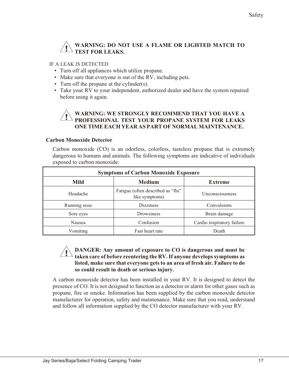 If a leak is detected 17, Carbon monoxide detector 17, If a leak is detected | Carbon monoxide detector | Baja Marine JAY SERIES YEAR 2006 User Manual | Page 27 / 114