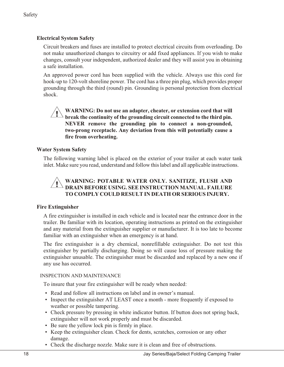 Electrical system safety 18, Water system safety 18, Fire extinguisher 18 | Inspection and maintenance 18, Inspection and maintenance | Baja Marine JAY SERIES YEAR 2006 User Manual | Page 28 / 114