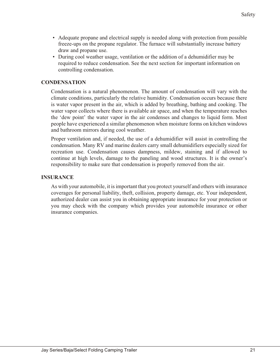 Condensation 21, Insurance 21, Condensation insurance | Baja Marine JAY SERIES YEAR 2006 User Manual | Page 31 / 114