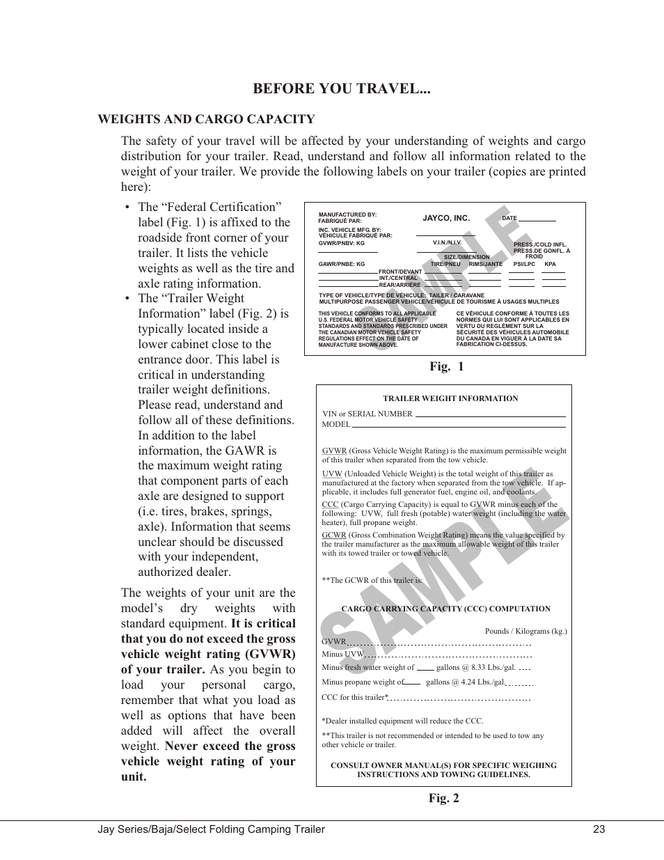 Before you travel, Weights and cargo capacity 23, Weights and cargo capacity | Sa mp le | Baja Marine JAY SERIES YEAR 2006 User Manual | Page 33 / 114