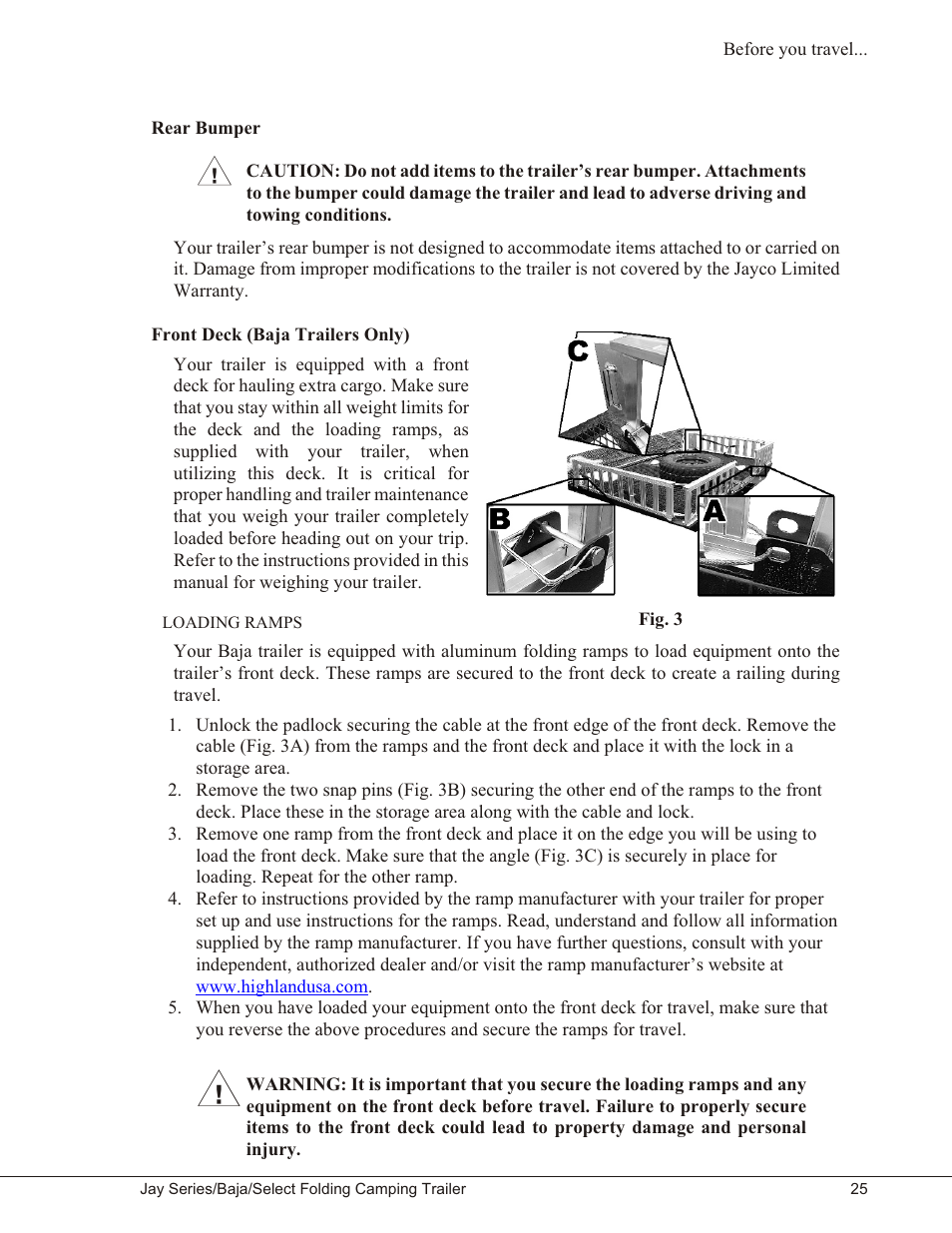 Rear bumper 25, Front deck (baja trailers only) 25, Loading ramps 25 | Rear bumper front deck (baja trailers only), Loading ramps | Baja Marine JAY SERIES YEAR 2006 User Manual | Page 35 / 114