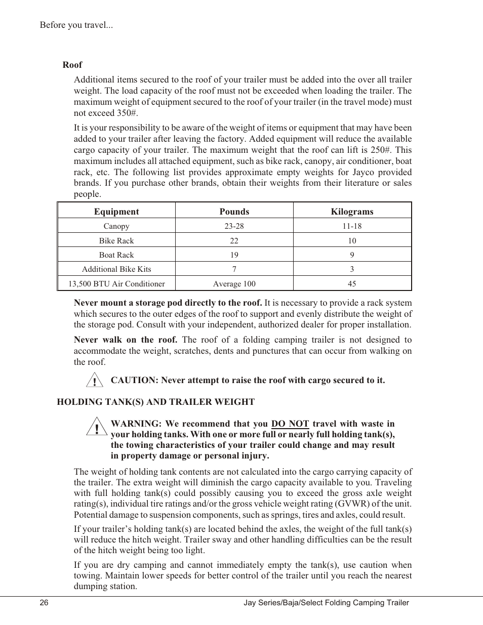 Roof 26, Holding tank(s) and trailer weight 26, Roof | Holding tank(s) and trailer weight | Baja Marine JAY SERIES YEAR 2006 User Manual | Page 36 / 114