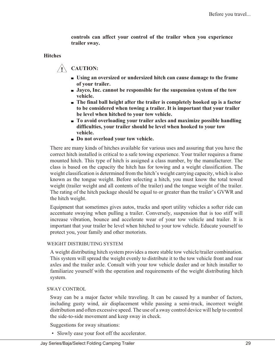 Hitches 29, Weight distributing system 29, Sway control 29 | Hitches, Weight distributing system sway control | Baja Marine JAY SERIES YEAR 2006 User Manual | Page 39 / 114