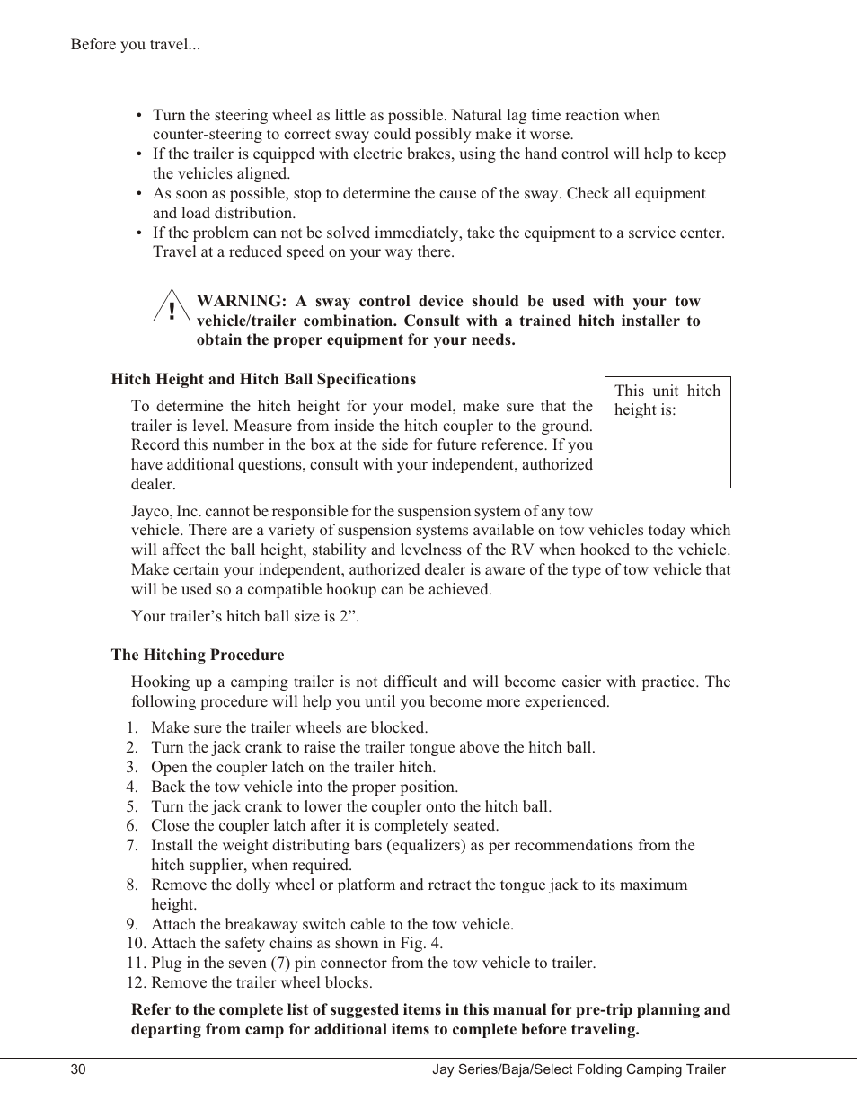 Hitch height and hitch ball specifications 30, The hitching procedure 30 | Baja Marine JAY SERIES YEAR 2006 User Manual | Page 40 / 114