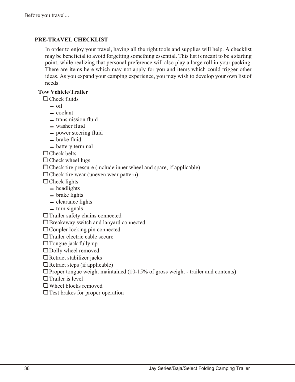 Pre-travel checklist 38, Pre-travel checklist | Baja Marine JAY SERIES YEAR 2006 User Manual | Page 48 / 114