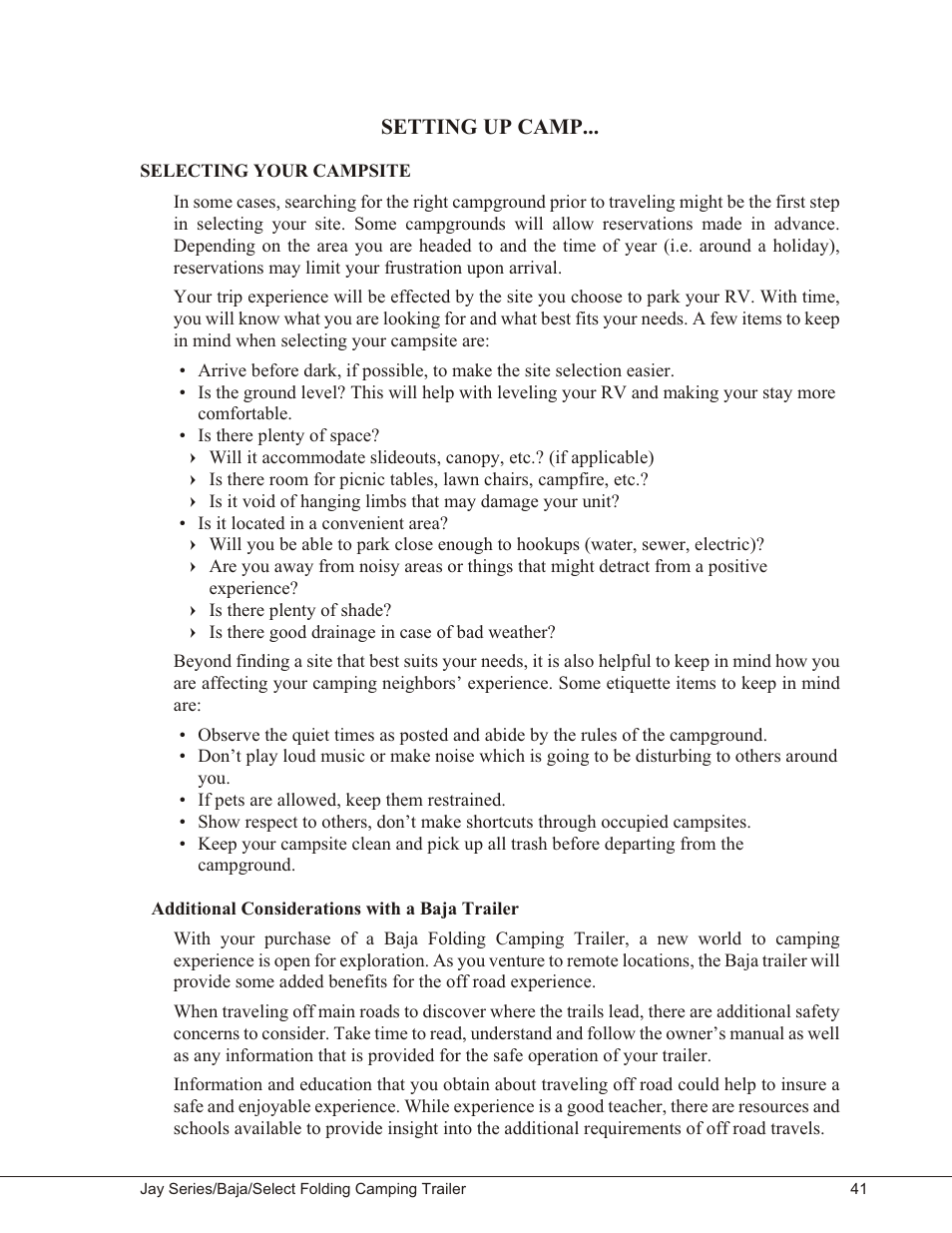 Setting up camp, Selecting your campsite 41, Additional considerations with a baja trailer 41 | Selecting your campsite, Additional considerations with a baja trailer | Baja Marine JAY SERIES YEAR 2006 User Manual | Page 51 / 114
