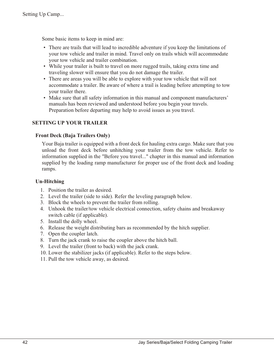 Setting up your trailer 42, Front deck (baja trailers only) 42, Un-hitching 42 | Setting up your trailer, Front deck (baja trailers only) un-hitching | Baja Marine JAY SERIES YEAR 2006 User Manual | Page 52 / 114