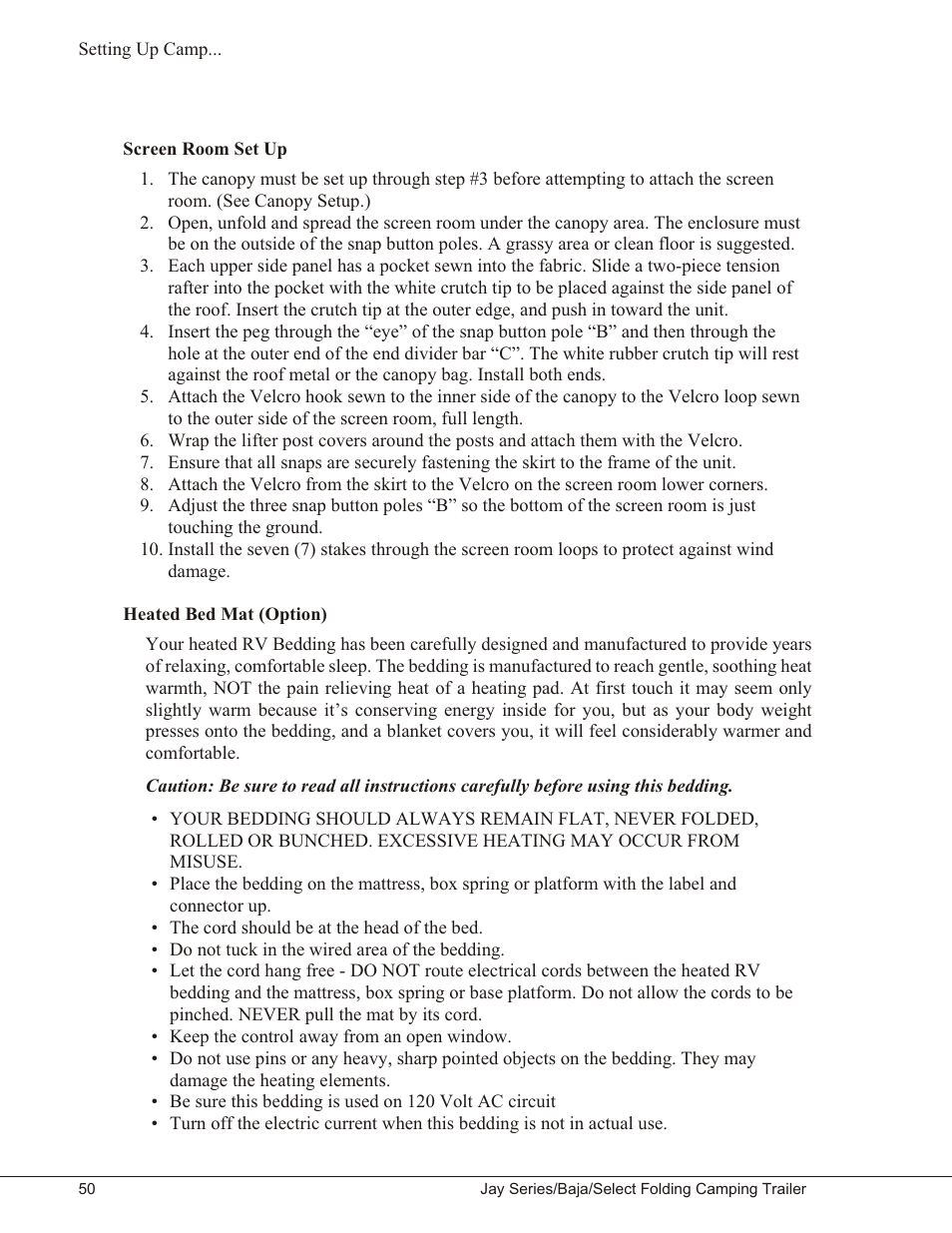 Screen room set up 50, Heated bed mat (option) 50, Screen room set up heated bed mat (option) | Baja Marine JAY SERIES YEAR 2006 User Manual | Page 60 / 114