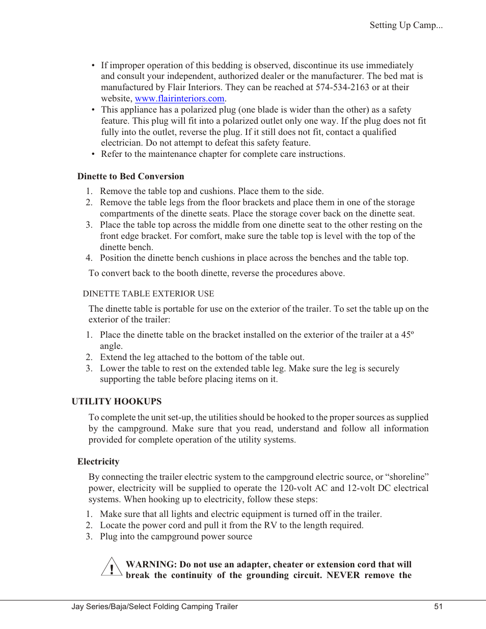 Dinette to bed conversion 51, Dinette table exterior use 51, Utility hookups 51 | Electricity 51, Dinette to bed conversion, Dinette table exterior use, Utility hookups, Electricity | Baja Marine JAY SERIES YEAR 2006 User Manual | Page 61 / 114