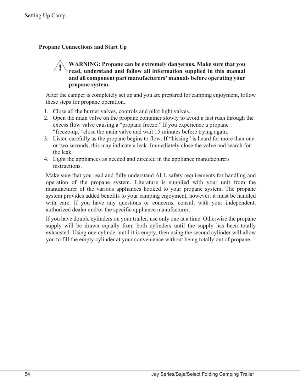 Propane connections and start up 54, Propane connections and start up | Baja Marine JAY SERIES YEAR 2006 User Manual | Page 64 / 114