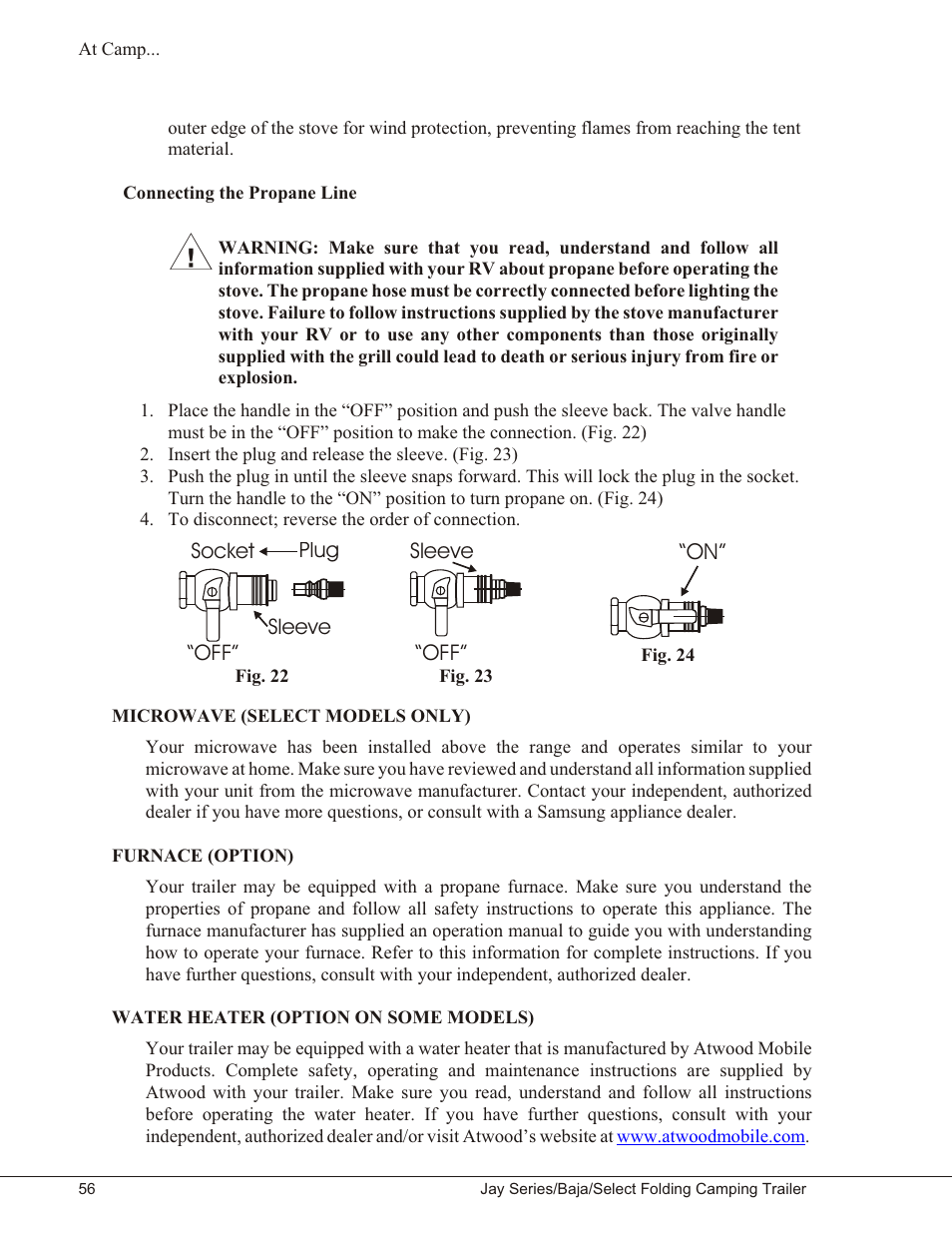 Connecting the propane line 56, Microwave (select models only) 56, Furnace (option) 56 | Water heater (option on some models) 56, Connecting the propane line | Baja Marine JAY SERIES YEAR 2006 User Manual | Page 66 / 114