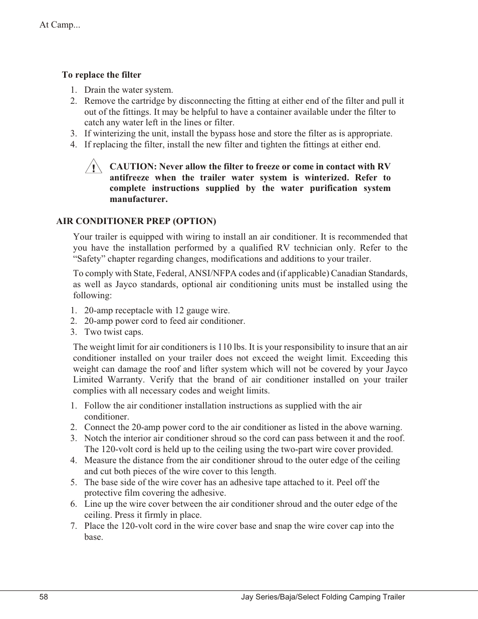To replace the filter 58, Air conditioner prep (option) 58, To replace the filter | Air conditioner prep (option) | Baja Marine JAY SERIES YEAR 2006 User Manual | Page 68 / 114