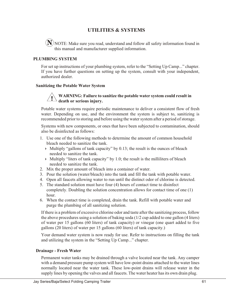 Utilities & systems 61, Plumbing system 61, Sanitizing the potable water system 61 | Drainage - fresh water 61, Utilities & systems, Plumbing system | Baja Marine JAY SERIES YEAR 2006 User Manual | Page 71 / 114