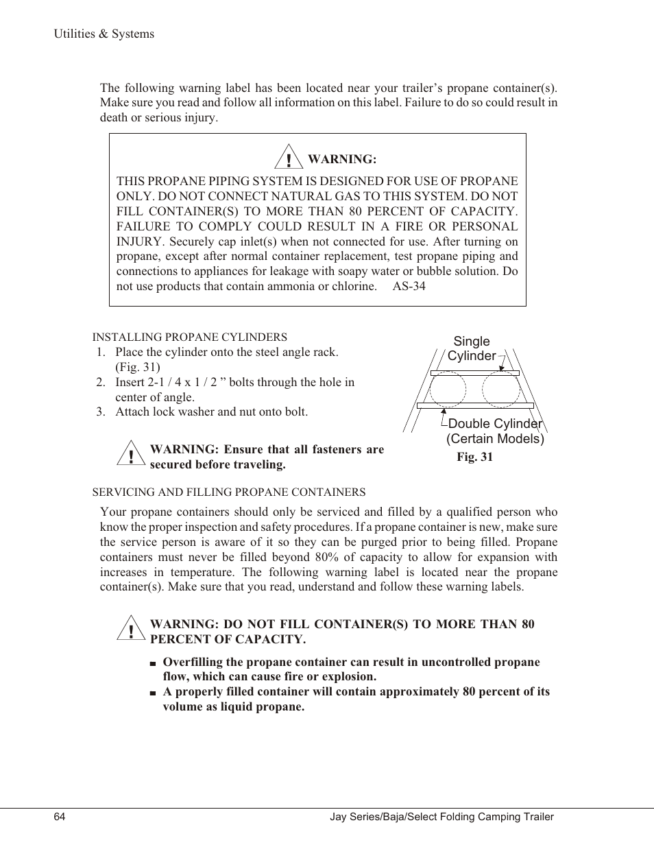 Installing propane cylinders 64, Servicing and filling propane containers 64 | Baja Marine JAY SERIES YEAR 2006 User Manual | Page 74 / 114