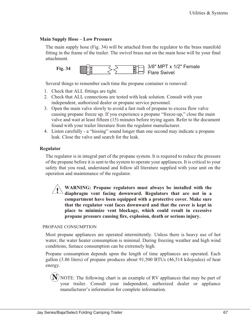 Main supply hose – low pressure 67, Regulator 67, Propane consumption 67 | Main supply hose – low pressure regulator, Propane consumption | Baja Marine JAY SERIES YEAR 2006 User Manual | Page 77 / 114