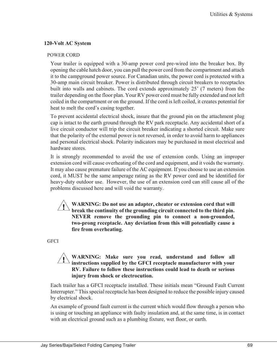 Volt ac system 69, Power cord 69, Gfci 69 | Volt ac system, Power cord gfci | Baja Marine JAY SERIES YEAR 2006 User Manual | Page 79 / 114