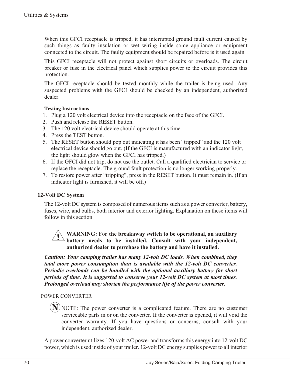 Testing instructions 70, Volt dc system 70, Power converter 70 | Testing instructions, Volt dc system, Power converter | Baja Marine JAY SERIES YEAR 2006 User Manual | Page 80 / 114