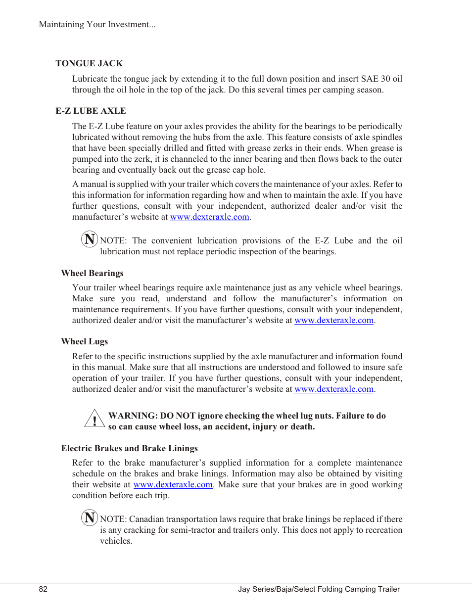 Tongue jack 82, E-z lube axle 82, Wheel bearings 82 | Wheel lugs 82, Electric brakes and brake linings 82, Tongue jack e-z lube axle | Baja Marine JAY SERIES YEAR 2006 User Manual | Page 92 / 114