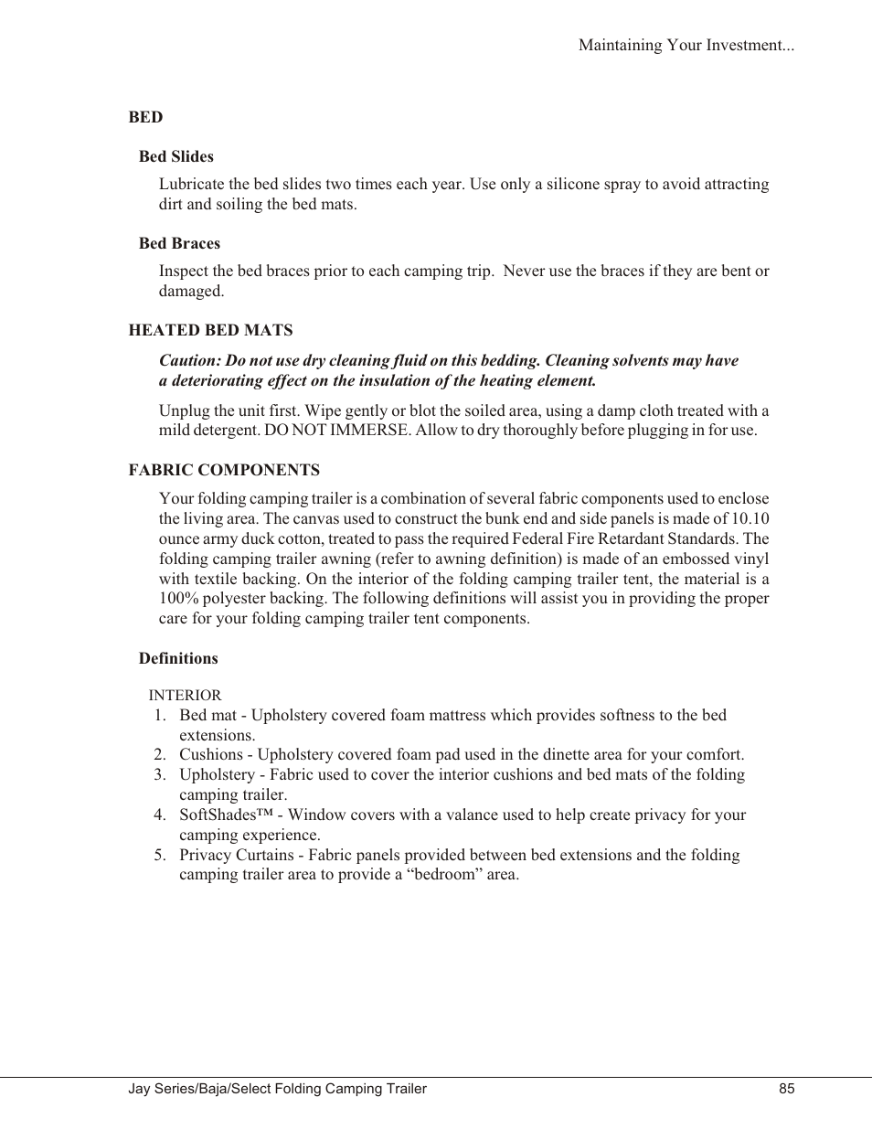 Bed 85, Bed slides 85, Bed braces 85 | Heated bed mats 85, Fabric components 85, Definitions 85, Interior 85, Bed slides bed braces, Heated bed mats fabric components, Definitions | Baja Marine JAY SERIES YEAR 2006 User Manual | Page 95 / 114