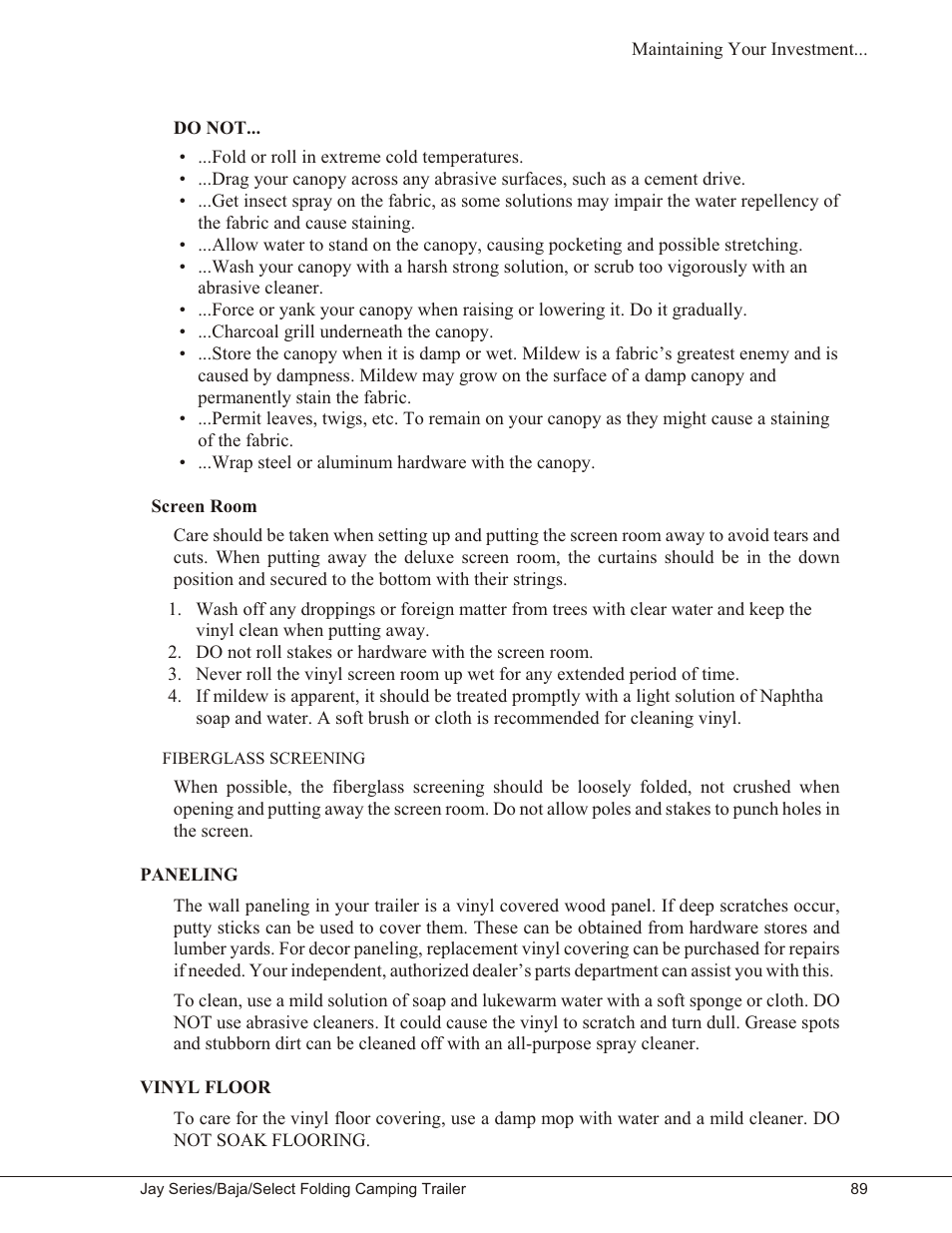 Screen room 89, Fiberglass screening 89, Paneling 89 | Vinyl floor 89, Screen room, Fiberglass screening, Paneling vinyl floor | Baja Marine JAY SERIES YEAR 2006 User Manual | Page 99 / 114