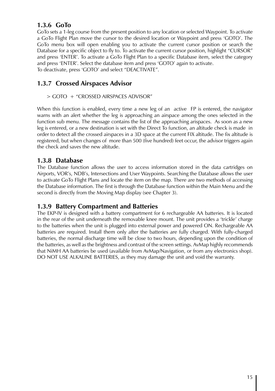 6 goto, 7 crossed airspaces advisor, 8 database | 9 battery compartment and batteries | AvMap EKPIV series User Manual | Page 15 / 96