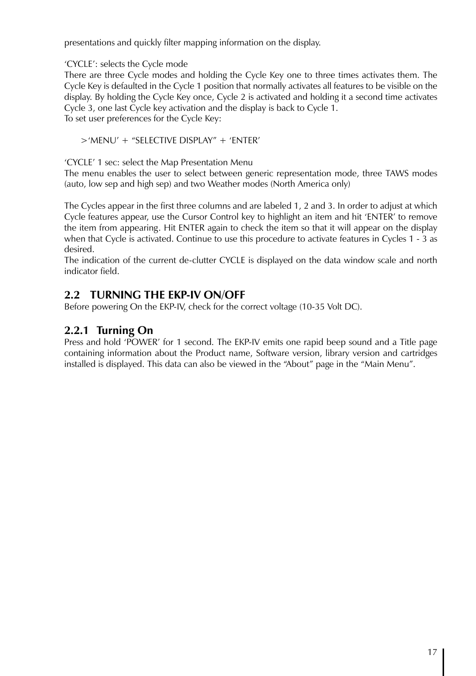 2 turning the ekp-iv on/off, 1 turning on | AvMap EKPIV series User Manual | Page 17 / 96