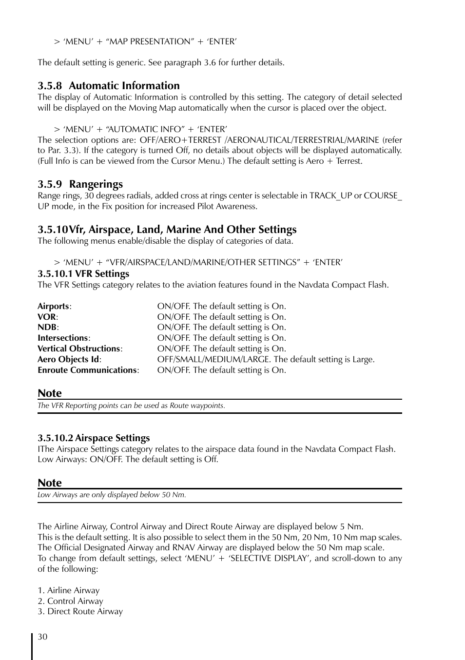 8 automatic information, 9 rangerings, 10 vfr, airspace, land, marine and other settings | AvMap EKPIV series User Manual | Page 30 / 96