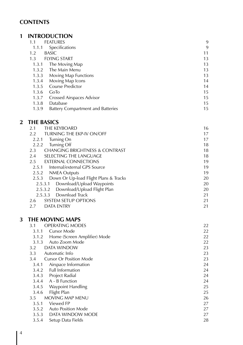 Contents 1 introduction, 2 the basics, 3 the moving maps | AvMap EKPIV series User Manual | Page 4 / 96