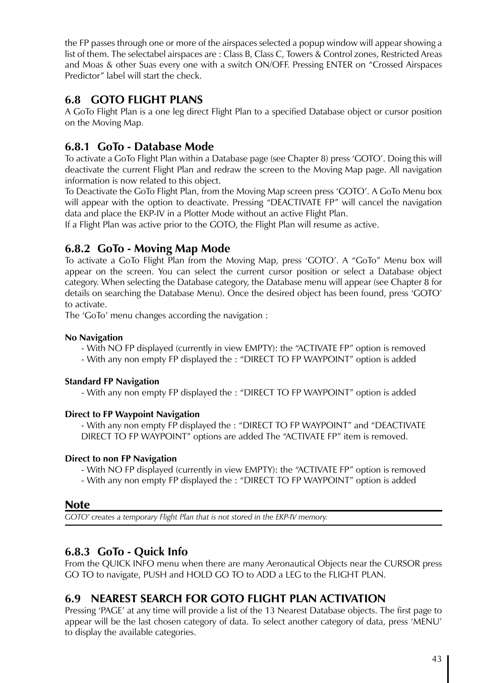 8 goto flight plans, 1 goto - database mode, 2 goto - moving map mode | 3 goto - quick info, 9 nearest search for goto flight plan activation | AvMap EKPIV series User Manual | Page 43 / 96