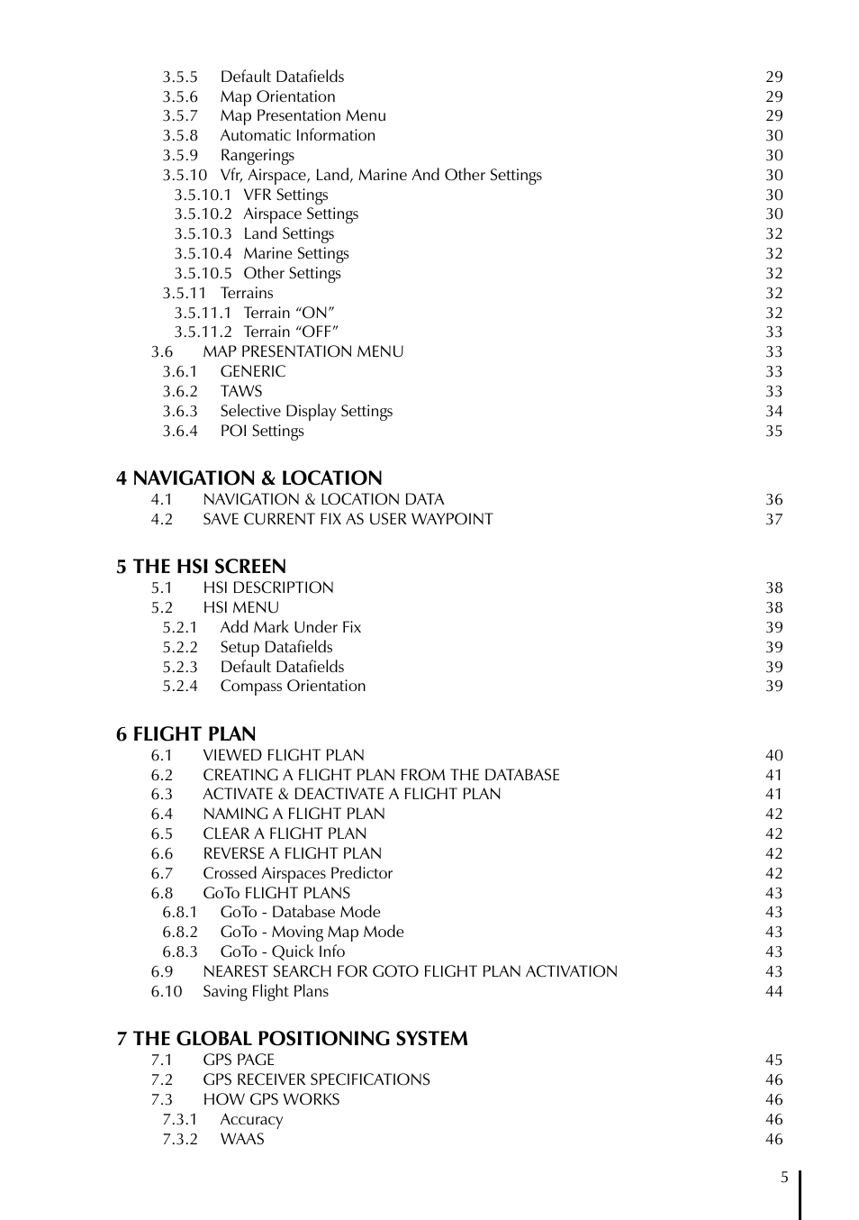 4 navigation & location, 5 the hsi screen, 6 flight plan | 7 the global positioning system | AvMap EKPIV series User Manual | Page 5 / 96