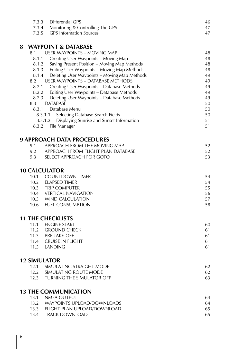 8 waypoint & database, 9 approach data procedures, 10 calculator | 11 the checklists, 12 simulator, 13 the communication | AvMap EKPIV series User Manual | Page 6 / 96