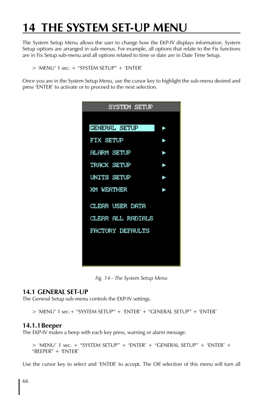 14 the system set-up menu | AvMap EKPIV series User Manual | Page 66 / 96