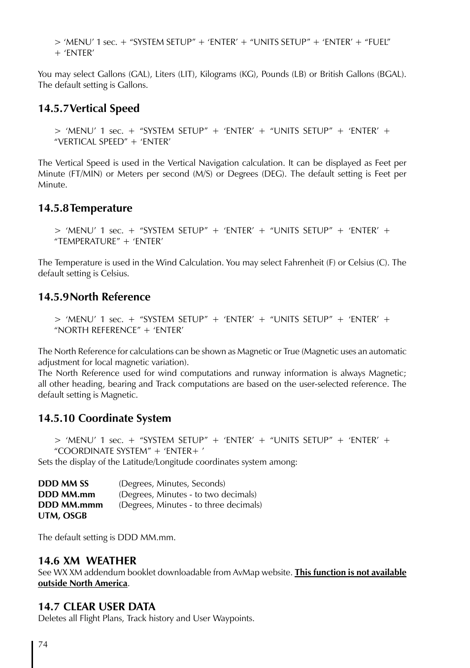7 vertical speed, 8 temperature, 9 north reference | 10 coordinate system, 6 xm weather, 7 clear user data | AvMap EKPIV series User Manual | Page 74 / 96
